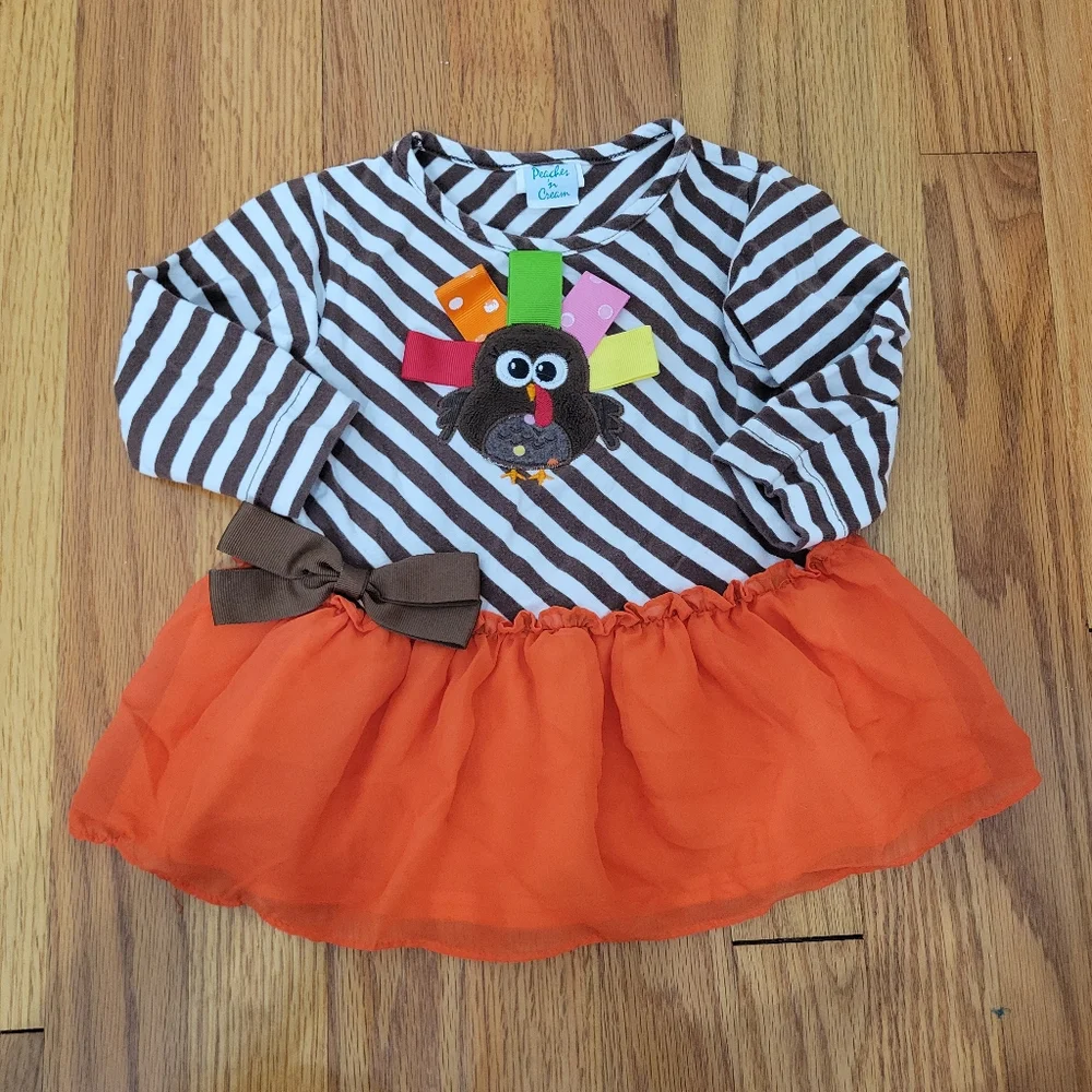 Peaches & Cream Baby Girl Thanksgiving Shirt Size 18 Months Turkey Stripes Bow